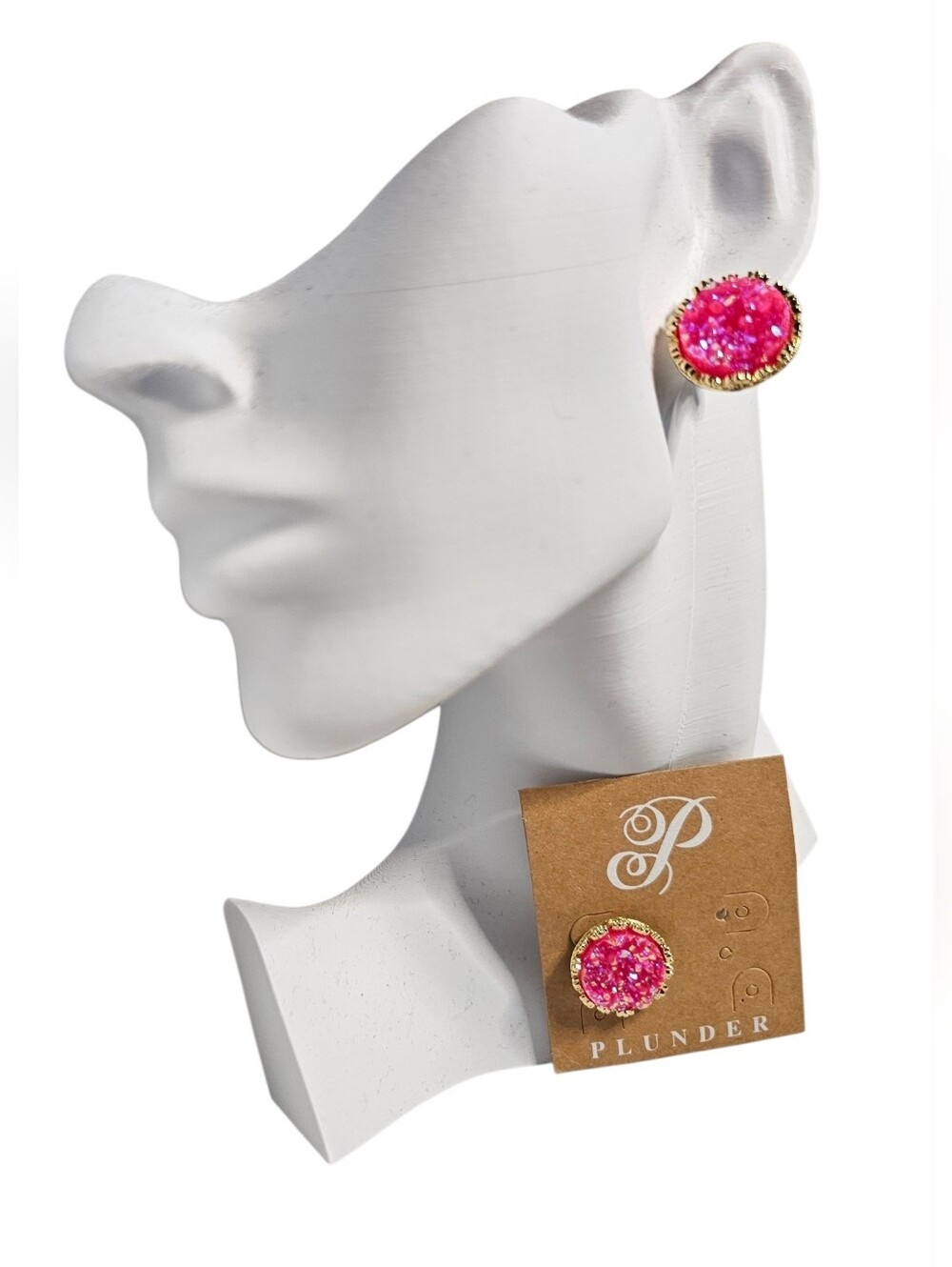 Plunder Hot Pink Druzy Stud Earrings in Gold Setting